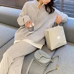 Autumn Pink 2 Piece Sets Women Winter Long Sleeve Sweater + Wide Leg Pants Women Elegant Warm Woolen Pants Sets Korean