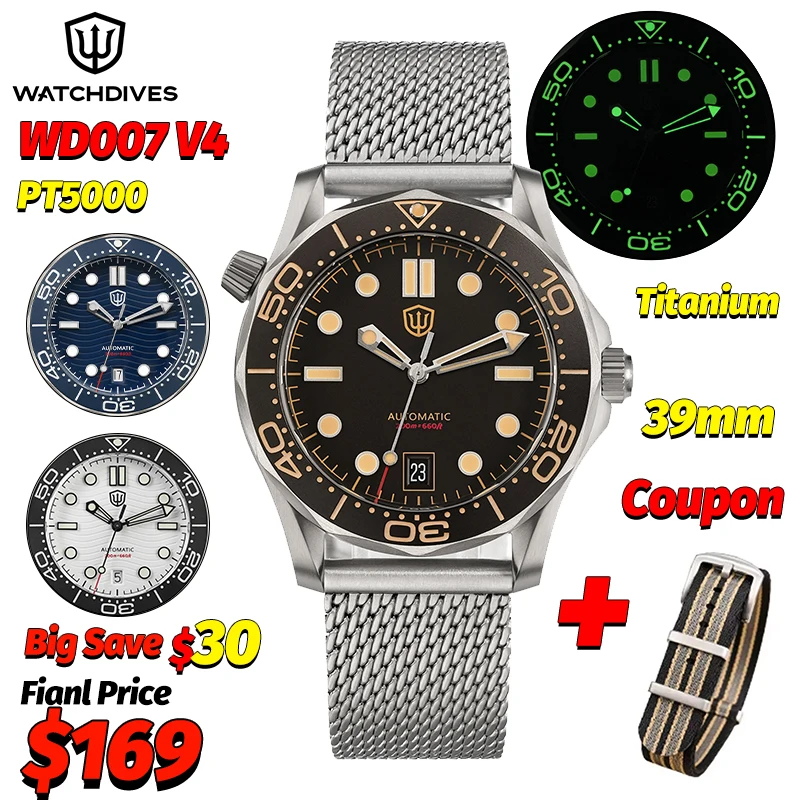 Watchdives Wd007 V4 39Mm NTTD Automatic Watch PT5000 Mechanical Titanium AR Sapphire 200M Dive Luminous Men Vintage Wristwatch