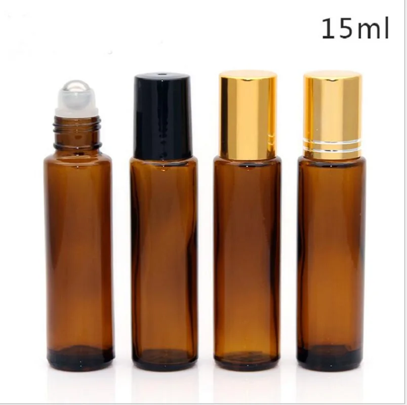 15ml brown glass bottle  with steel/glass roll ball on silver/gold/black for eye cream/perfume/essential oil deodorant lip gloss