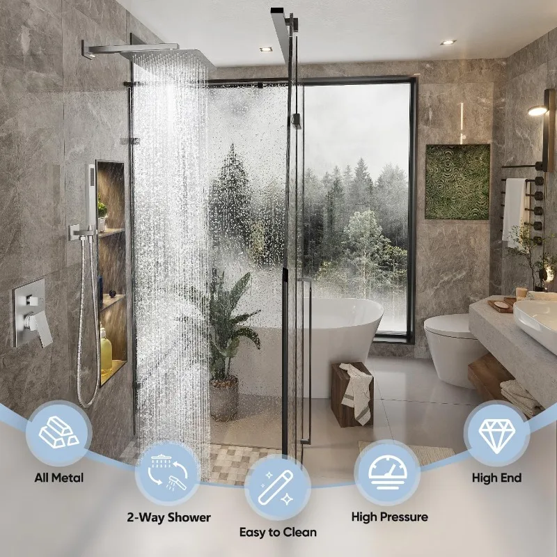 Shower System Brushed Nickel, Rain Shower head with handheld Shower Spray Combo, Rainfall Shower Faucet Set Complete