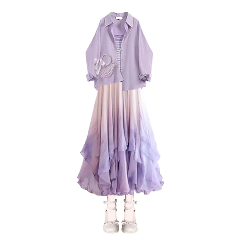 Vroege Herfst Casual Sle irt Top Gestreept Vest Slanke adient Rok Tee Delige Set Dames Faion Ensemble Lange Sv...