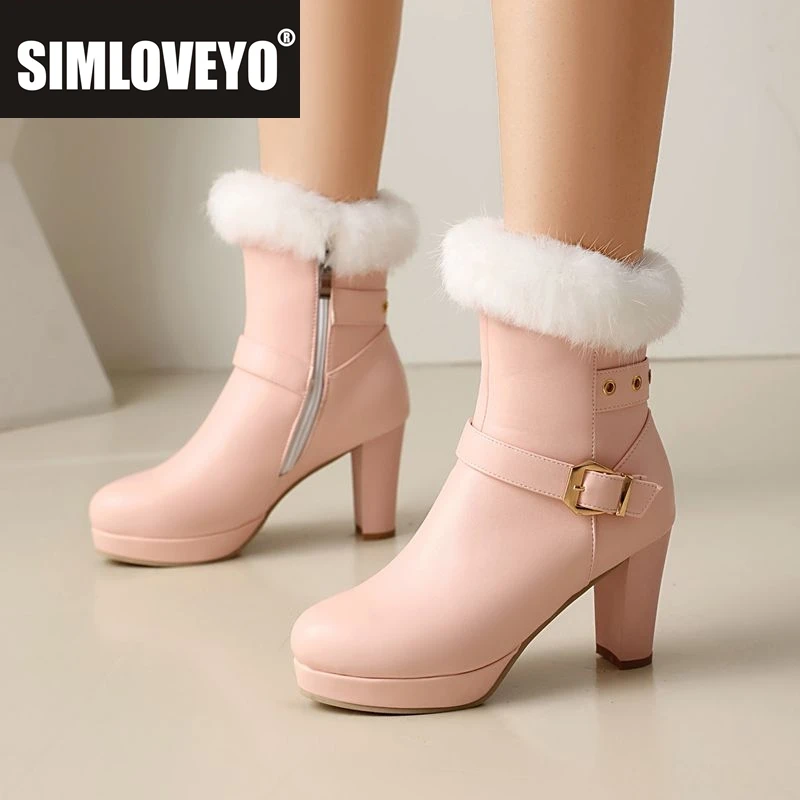 

SIMLOVEYO Зимние ботильоны из кроличьего меха на массивном каблуке 8 см, платформа 2 см, пряжка на молнии, большой размер 44 45 46 47 48 US17 Розовый Белый