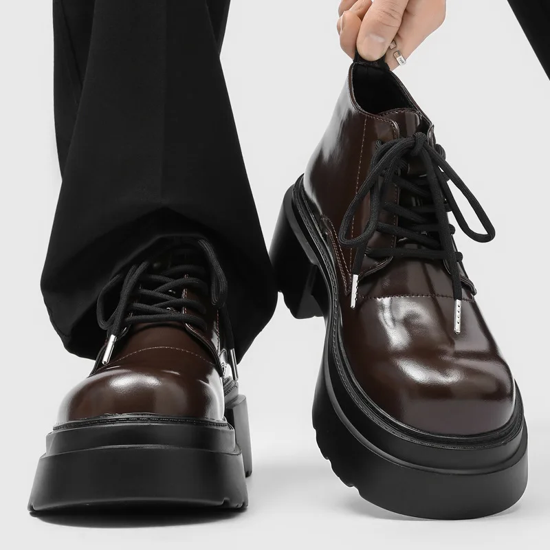 Vintage Mens Leather Ankle Boots Luxury Handmade Platform Quality Fashion British Style Round Toe Outdoor Business Shoes Man