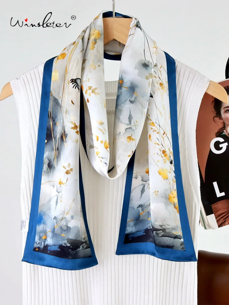 

Winsleter-Женский элегантный длинный шарф из 100% натурального шелка, 150*16 см, чернильный принт, подарки для мамы, шарфы с лентами в стиле ретро, зима A5N651CC