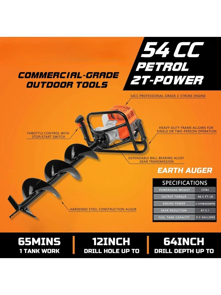 54cc Post Hole Digger Gas Powered 2 Cycle Earth Auger, 5-Year Warranty Gear Box, 4 Drill Bits 4