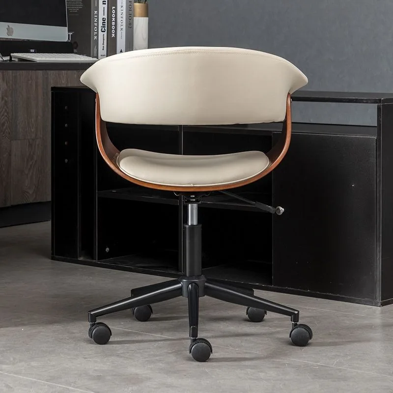 Office Chair Modern Black PU Leather Height Adjustable 360 Swivel Curved Wood Back Rolling Casters For Home Study Desk