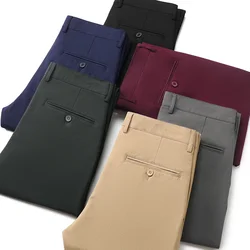 New Men's Business Casual Straight Slim Micro Elastic Pants Classic Fashion Brand Four Seasons Trousers Burgundy Khaki Black