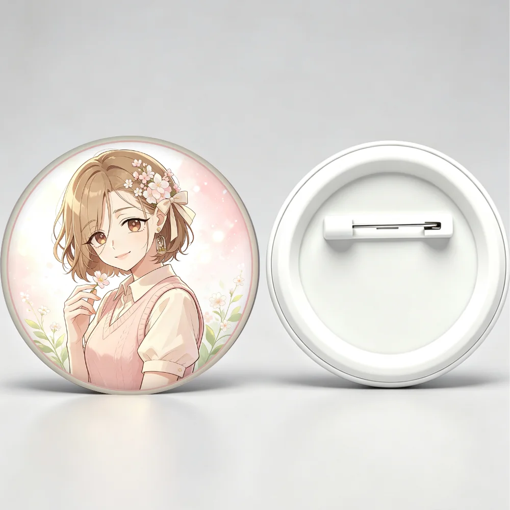 Anime Tinplate Badge  Round Brooch Pin, Light Brown Short Hair Girl with Cherry Blossoms Lapel Pin, Pink Floral Decor Gift