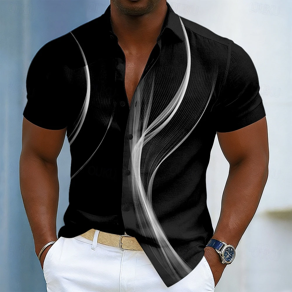 Men's Geometric Gradient Line Wave Pattern Short Sleeve Shirts Casual Street Style Hawaiian Button Shirts Spring Summer Clothing