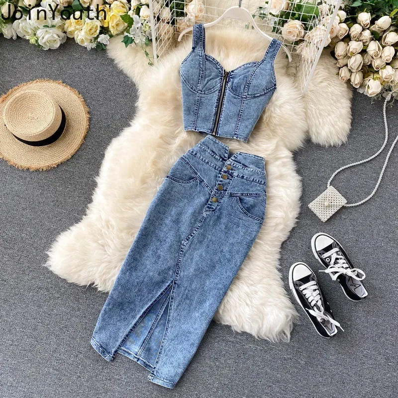 Chic Two Piece Sets Skirt Outfits Roupas Femme Sexy Sling Zipper Vest High Waist Tunic Bodycon Skirts Suit Casual Summer Y2k Set