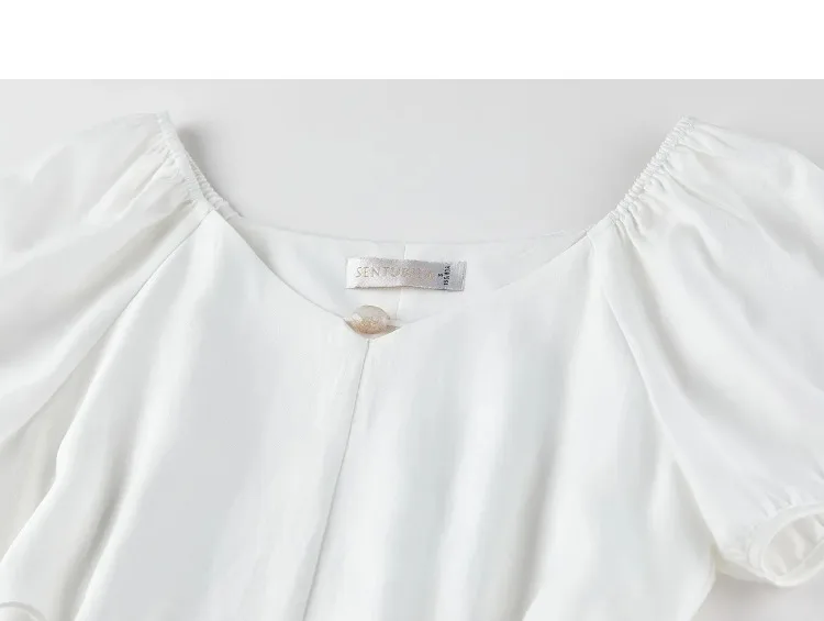 SENTUBILA Damen A-Linien-Kleid, weiß, V-Ausschnitt, asymmetrischer Schnitt, farblich abgesetzte Details, mit Perlen verziert, mit Bändern, kurze Puffärmel, Kleid 162LO5948 – Detail 33