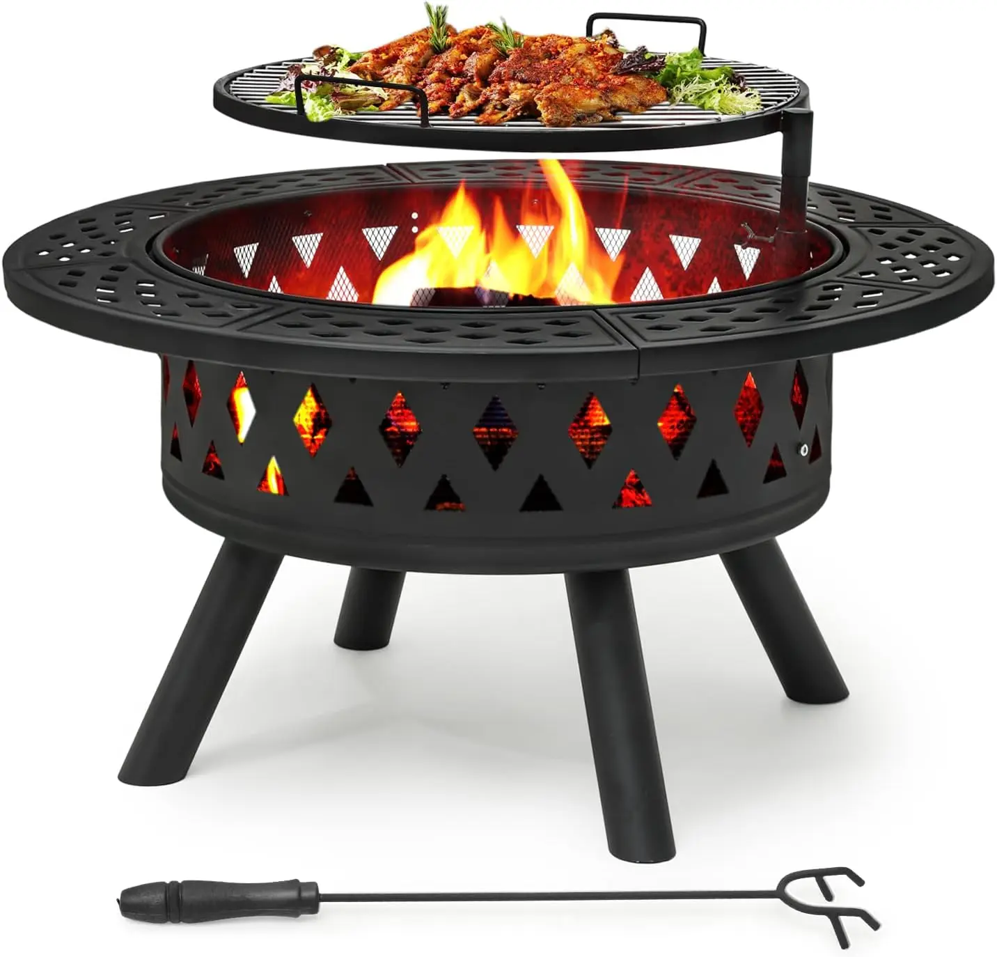 38 Inch Fire Pit for Outside, Outdoor Wood Burning Fire Pit Iron Firepit Bowl Stove Round Fireplace, with 360° Swivel Grill,