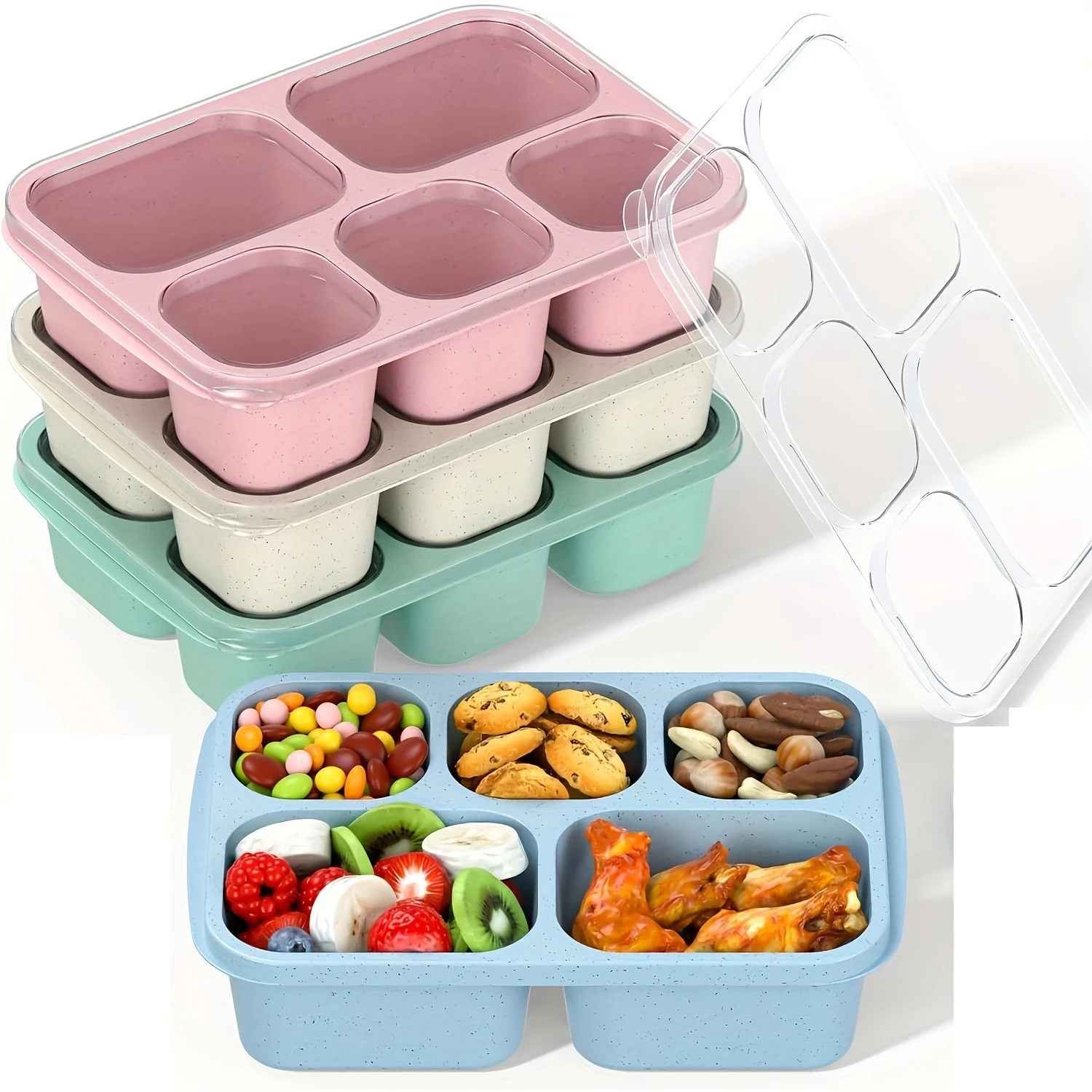 Boîte à bento en silicone à 5 compartiments, récipient de préparation de repas, conception empilable, facile à réutiliser, lavable à la main, spacieux, 4 pièces