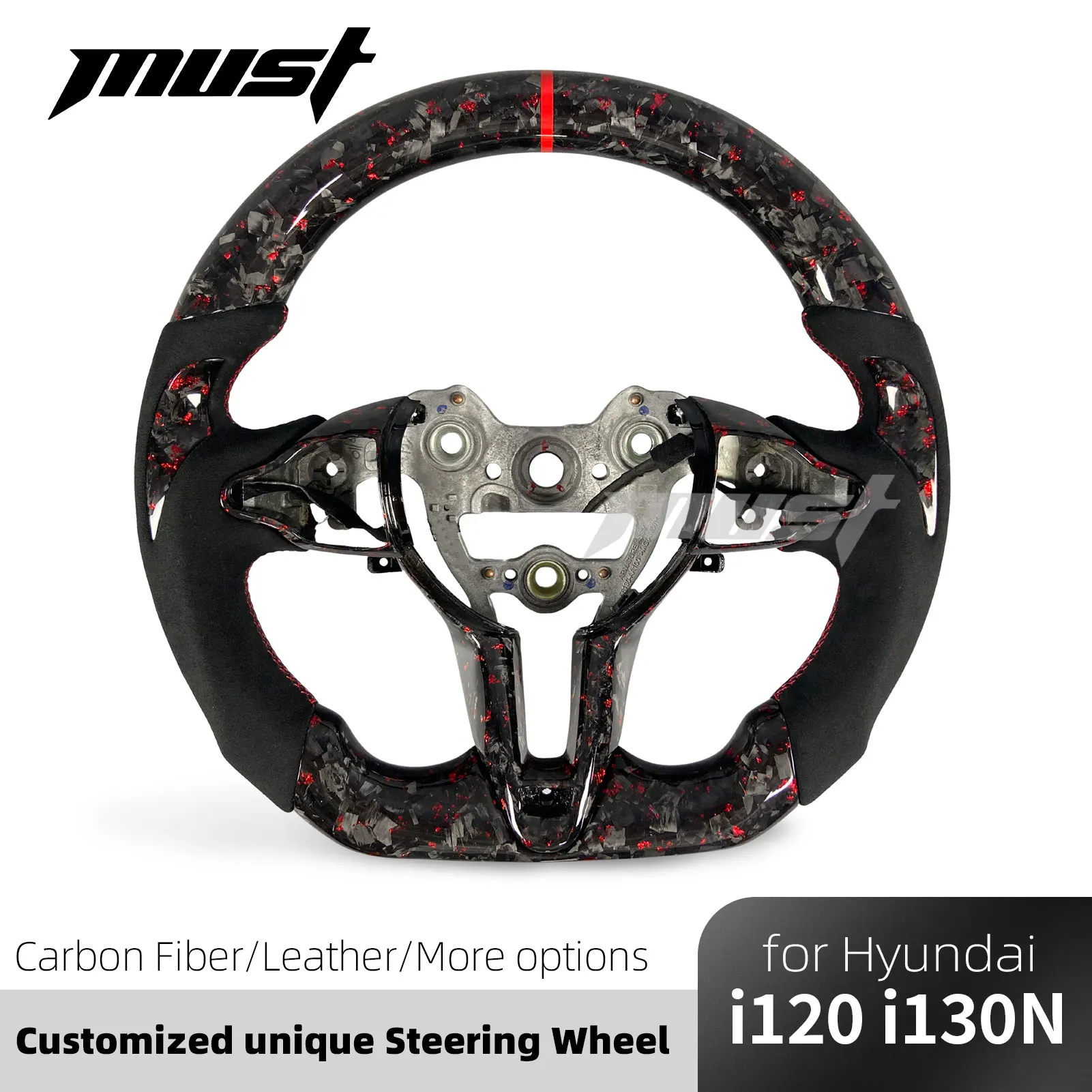 Custom Red Flake Forged Carbon Fiber Steering Wheel with Heating for Hyundai I30N I20N ElantraN N-line Car Interior Upgrade
