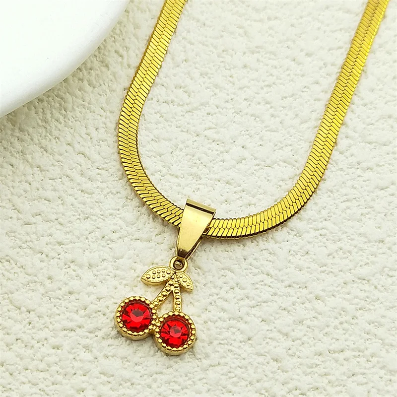 

Red Rhinestones Cute Cherry Pendant Necklace for Women Girls Stainless Steel Sweet Shiny Gold Color Fruit Chain Jewelry Gift