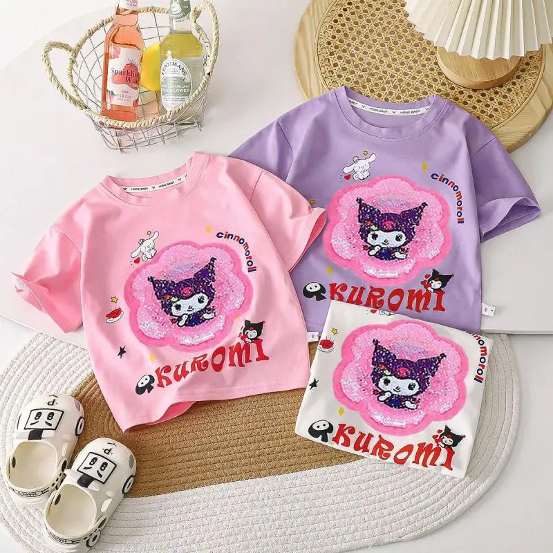 

New Style Kuromi Shortsleeved Children Cotton Comfortable Tshirt Summer Color Change Sequined Short Sleeved Fashion Cute Cartoon