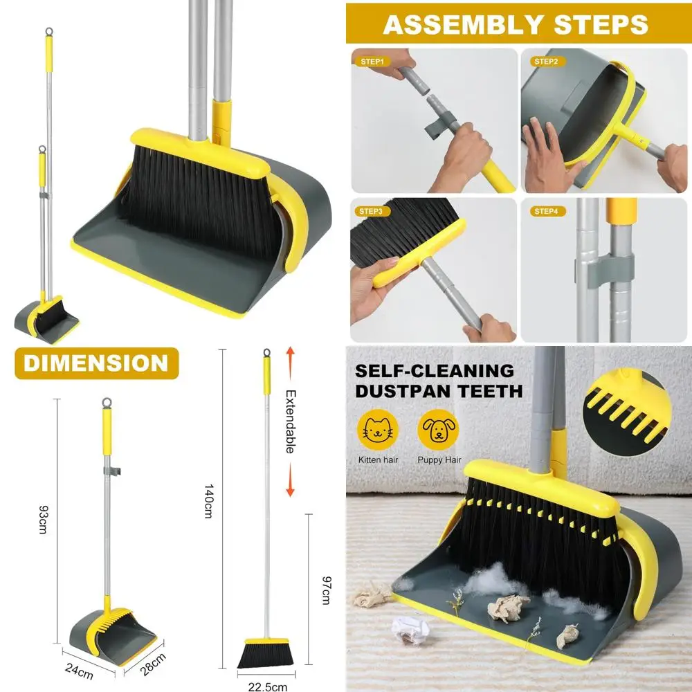 

Набор метлы и совок с ручкой длиной 54 дюйма — идеальный поддон для пыли и щетка для эффективной уборки дома (желтый и серый)