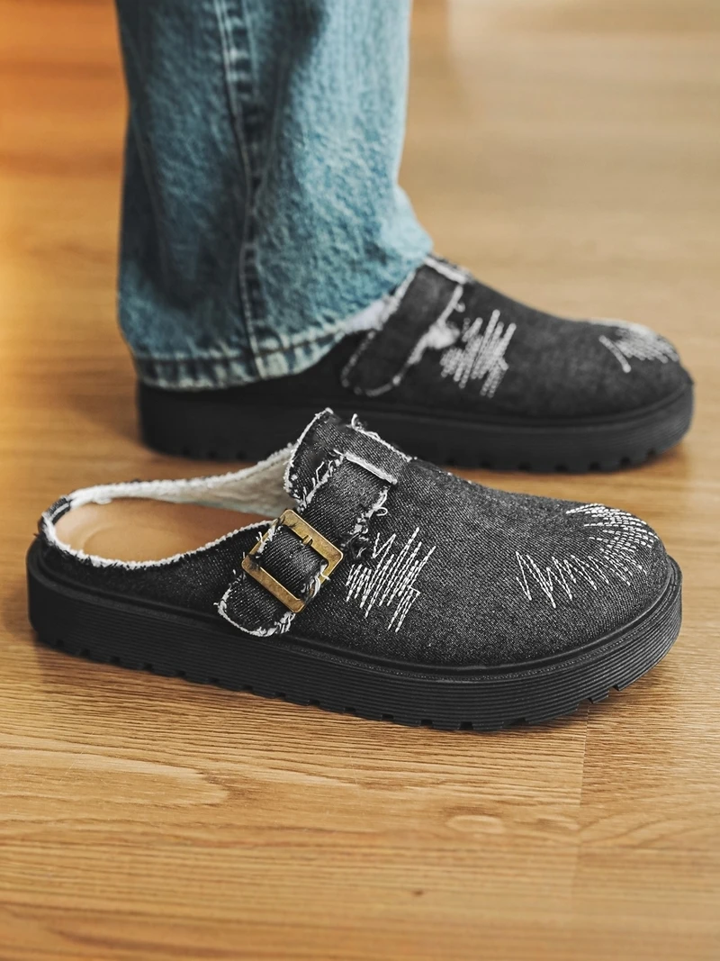 

Men's Summer 2026 New Denim Thick Bottom Slip-On Slippers Head Cover Casual Slipper Chinese Brand Xiaolu Breathable PVC Outsole
