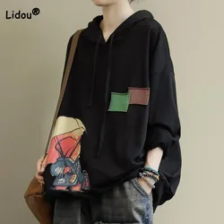 Casual Women's Cartoon Printed Hooded T-shirt 2023 Spring Autumn Korean Loose Spliced Long Sleeve Sweatshirts Female Clothing