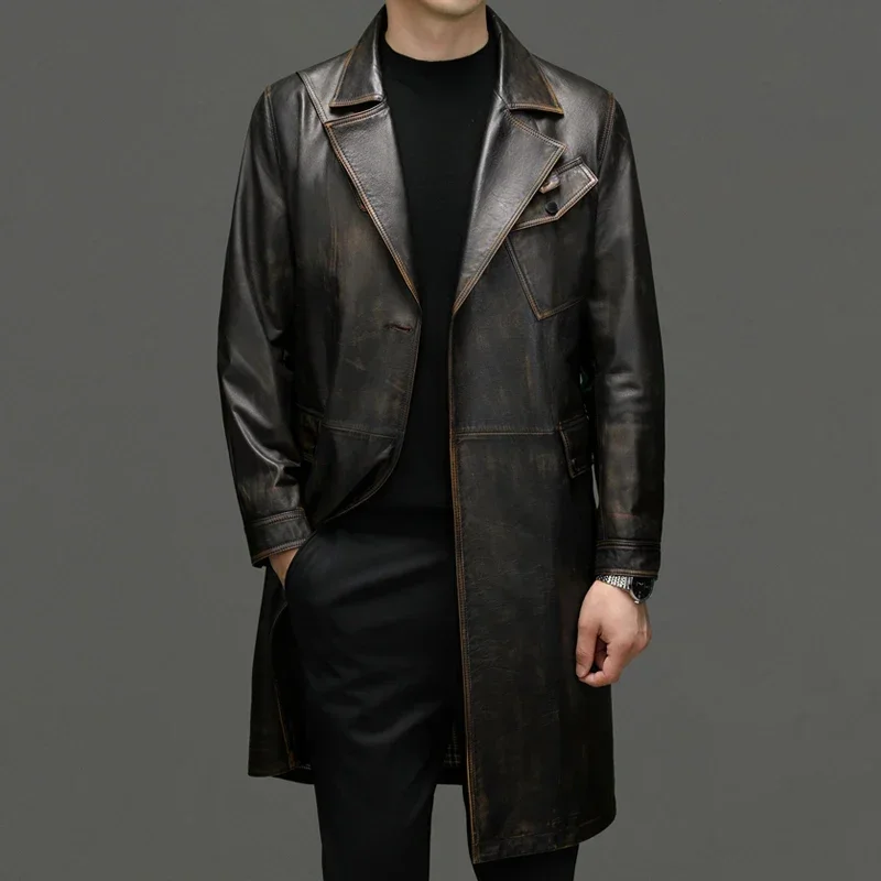 Autumn and Winter New High-end Men's Casual Fashion with Handsome Haining Leather Suit Collar Trench Coat Cowhide Coat M-5XL