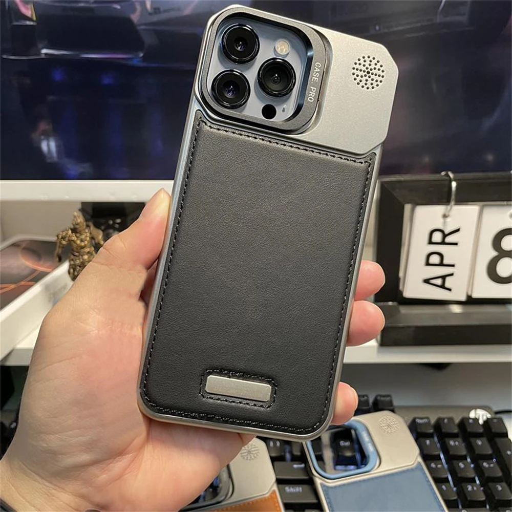Metal Lens Holder Frameless Leather Magnetic Case For iPhone 17 Air 16 pro max 15 14 Plus 13 12 MagSafe Wireless Charging Cover