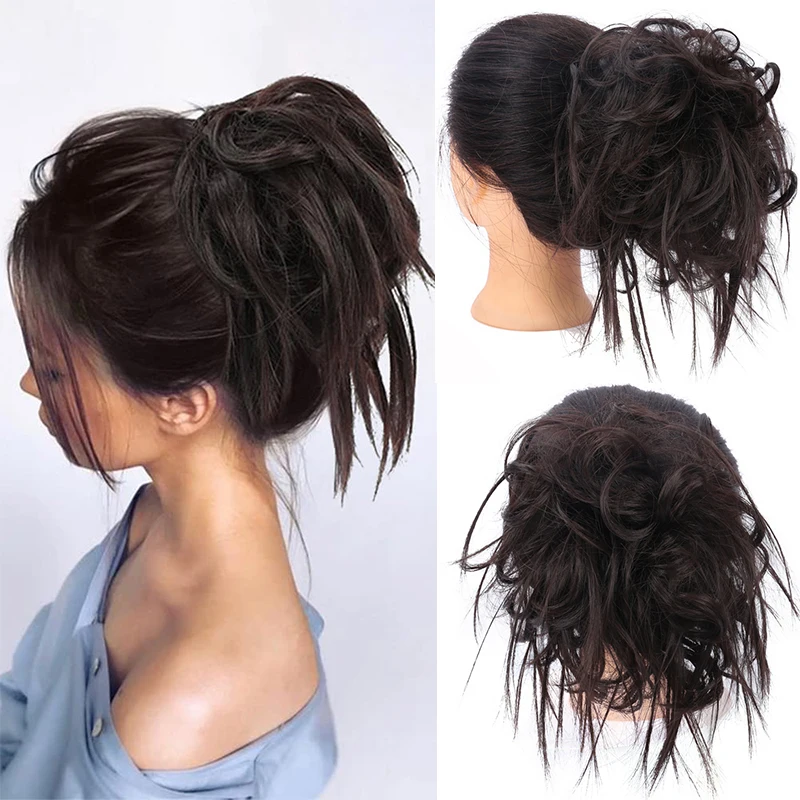 Chouchous chignon désordonné pour femmes, extension synthétique ondulée, queue de cheval avec élastique, postiche en caoutchouc