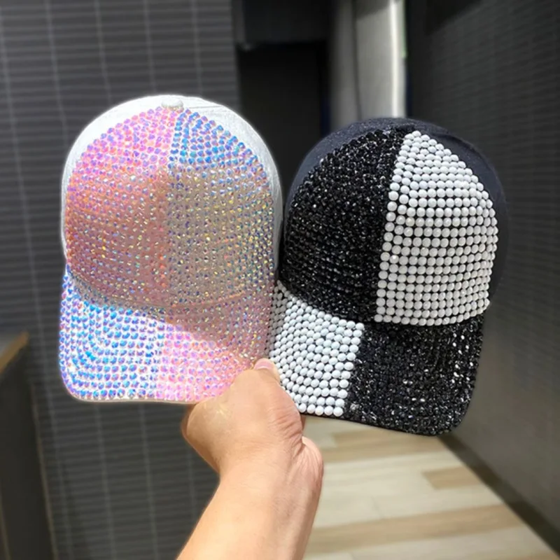 Two-Color Splicing Diamond-Studded Cap for Men and Women Shining Rhinestones Fashion Shopping Sunblock Baseball Cap