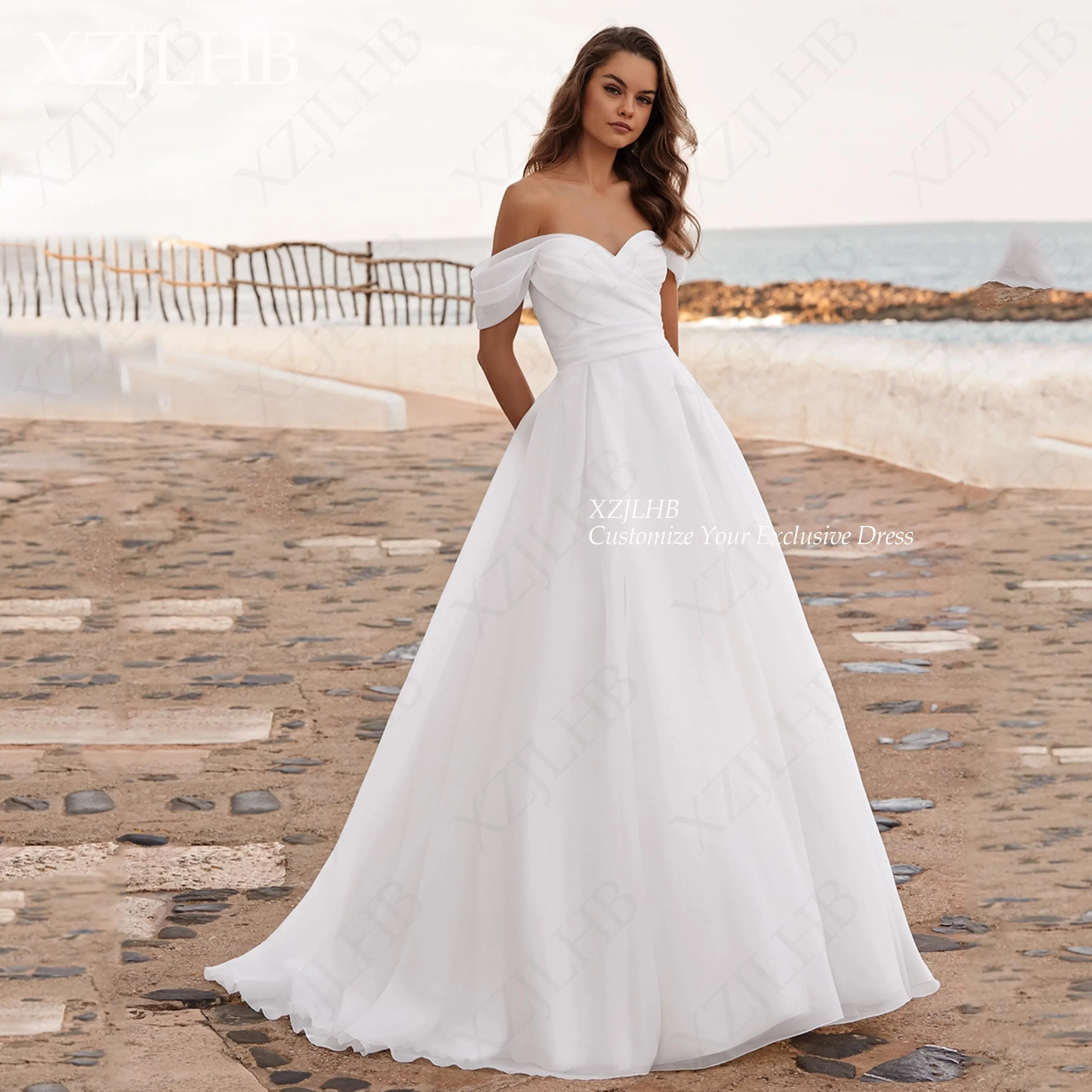 XZJLHB Off The Shoulder Organza Wedding Dress For Women Sweetheart Neck Bride Dresses A-Line Backless Robe De Mariee Customized