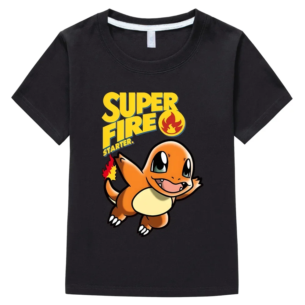 Charmander Super Fire Starter MINISO Cartoon Children's T-shirts Handsome Boys Top Funny Kids Clothing Large O-neck Baby Tshirt