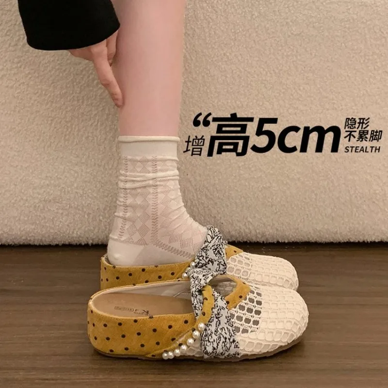 

Outdoor Thick-soled Women Mules Fashion String Bead Platform Slippers Novelty Polka Dot Summer Ladies Shoes Round Toe Slippers