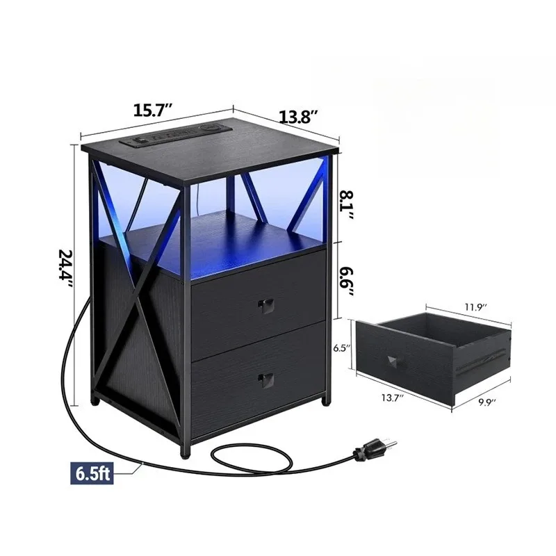 Modern simple bedside table, color-changing light with bedroom small with row insert iron wood structure side table