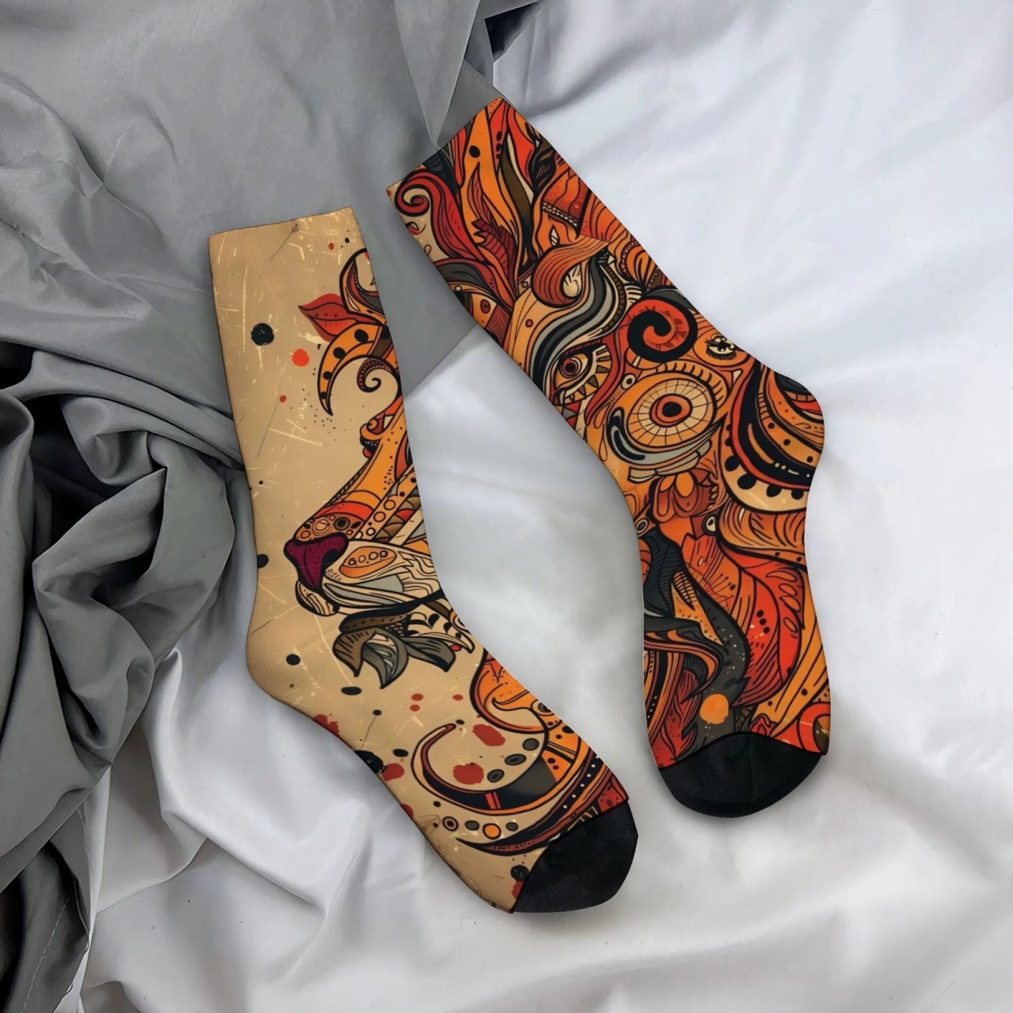 Asymmetrical Abstract Lion Socks Ethnic-style Totem Print Mid-calf Socks Distressed Retro Art Niche Breathable Durable Socks