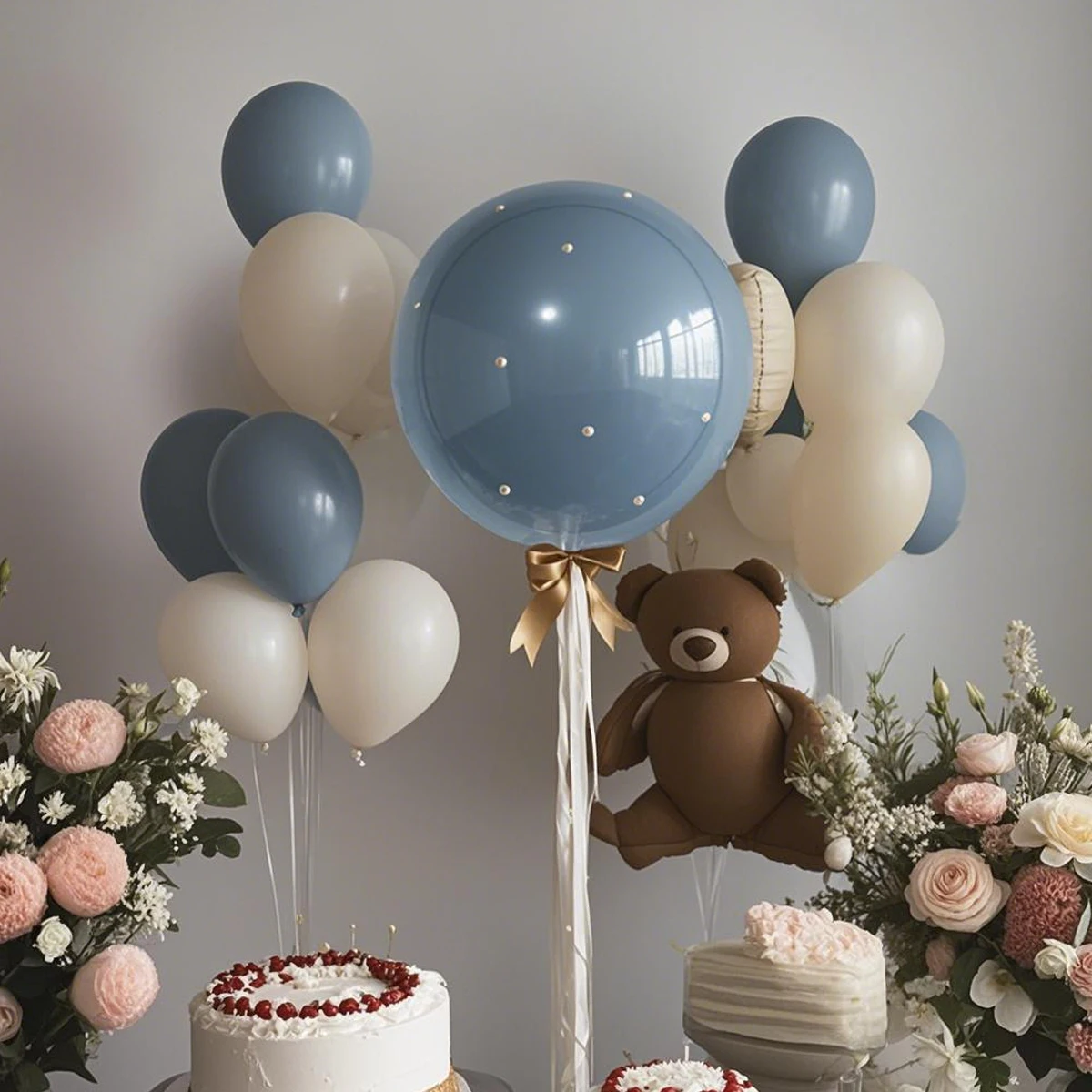 Cartoon-Braunbär-Ballon-Set, sandweißer Nebel, blauer Latexballon, geeignet für Geburtstag, Hochzeit, Festival, Party-Dekoration – Detail 6
