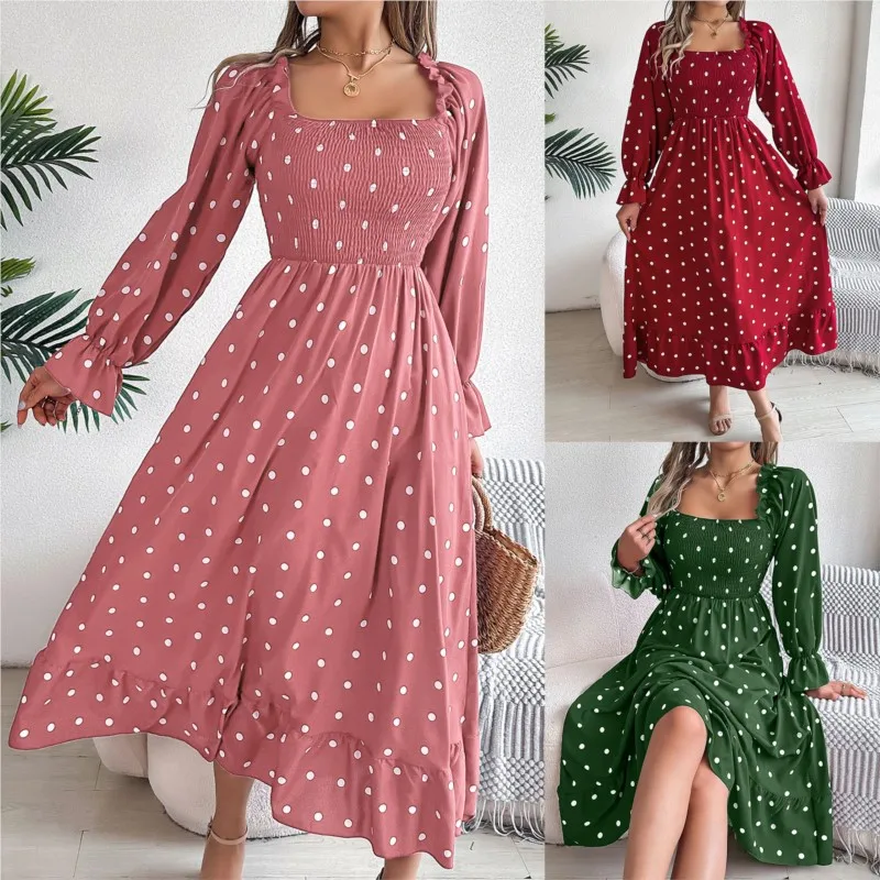 Lady Casual Autumn And Winter Black Fungus Square Collar Long Sleeved Polka Dot Women's Elegant And Generous Long Dress Vestidos