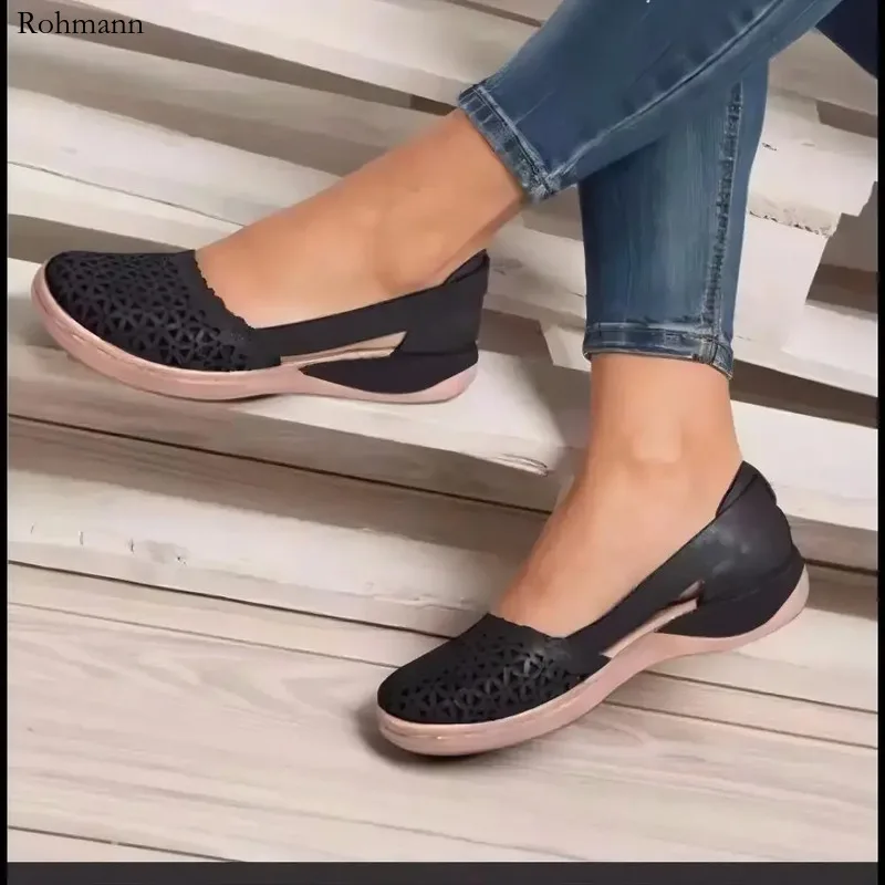 Sandálias de cunhas ocas femininas, sapatos de costura casuais, vintage, verão, novo, 2022