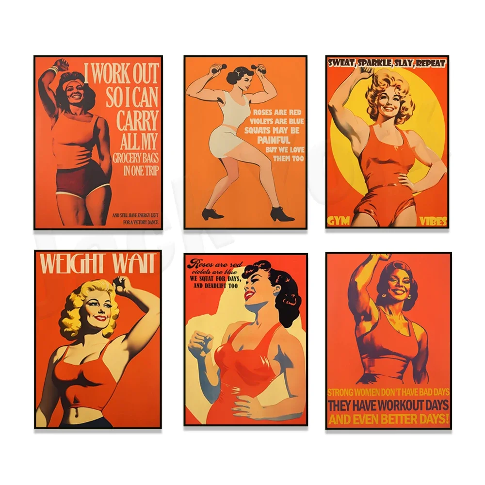 Retro female bodybuilder print, workout art female gym poster, woman lifting weights, 1950s wall art female bodybuilding print