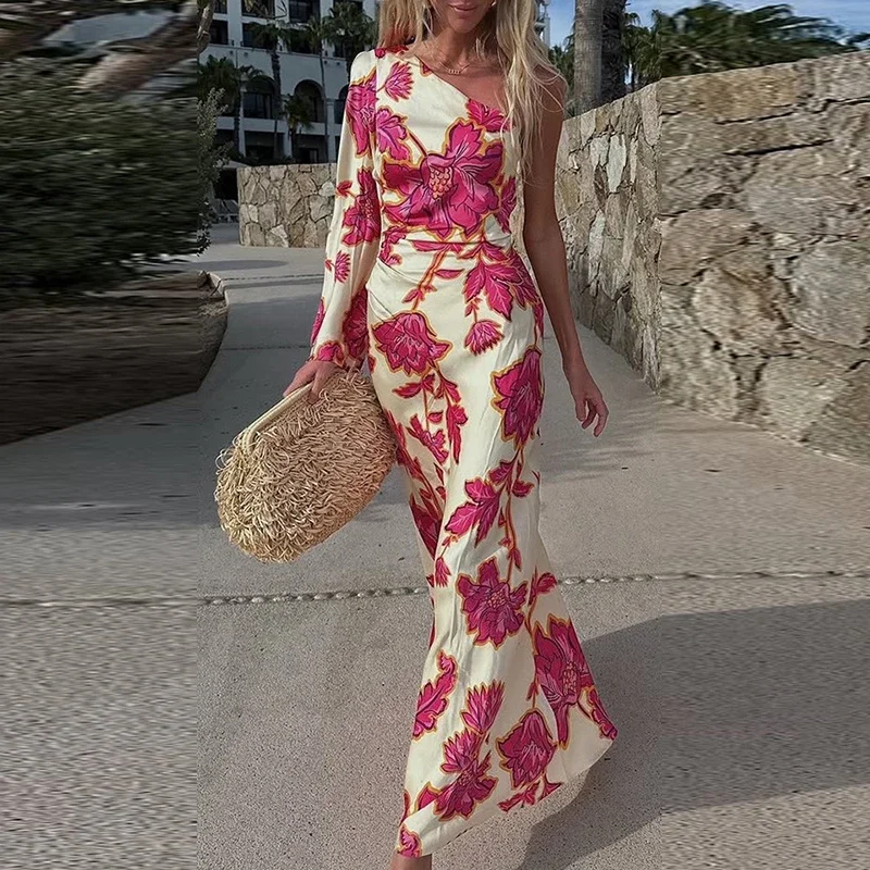 

LIBIELIY Sexy One Shoulder Long Sleeve Bohemian Dress Fashion Floral Printed Holiday Party Dress 2025 Women Elegant High Waist
