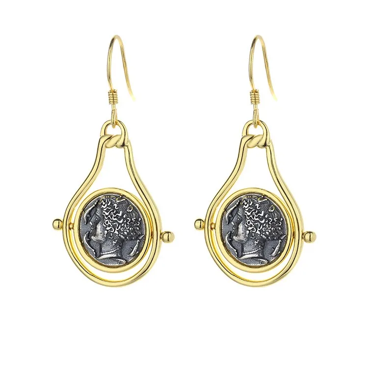 SZXN-2 ZFSILVER S925 Silver Fashion Trendy Luxury Gold Retro Arethus Ancient Coins Earrings Jewelry  Women Match-all Gifts Girls