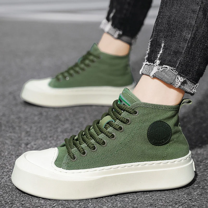 HKDQ Green High Top Sneakers Men Fashion Design Lace-up Men\'s Canvas Shoes Original Breathable Platform Vulcanized Shoe For Man