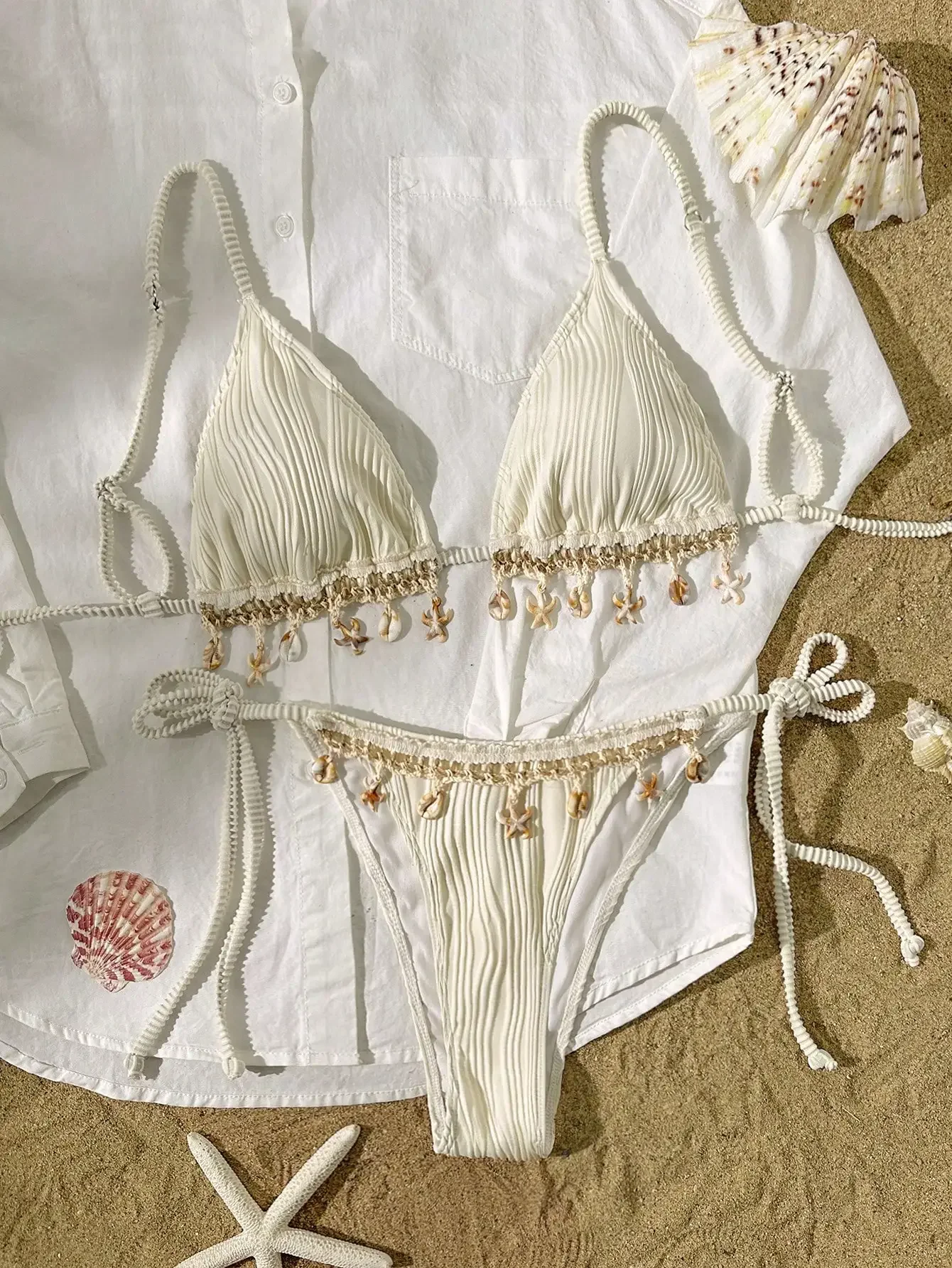 

In -X Women's solid color textured fabric shell webbing triangle cup bikini set for beach vocation