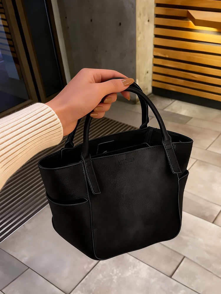 Black Soft Leather Ladies Handbag 2026 New Style Work Bag Small Bucket Shape Basket Bag Spring Summer Women's Fashion Bag