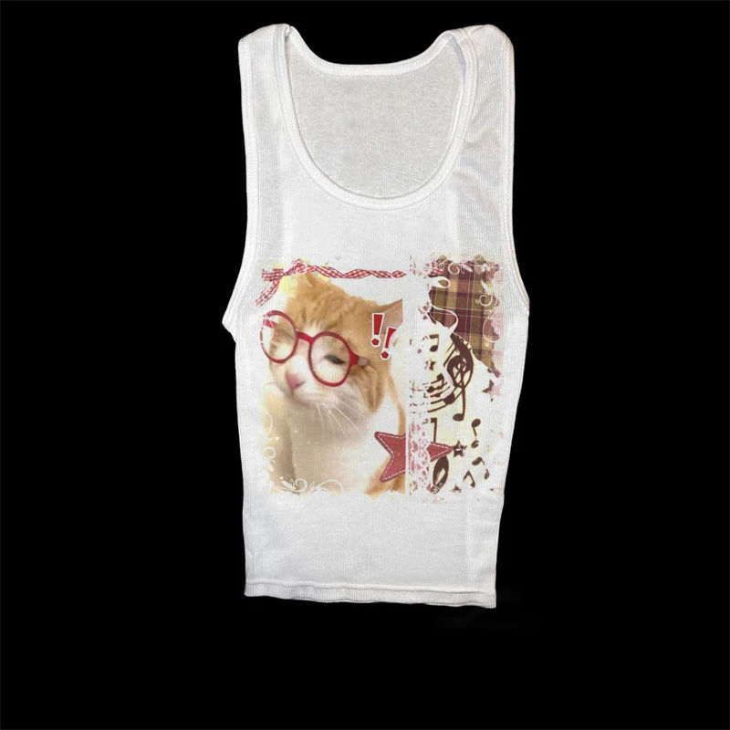 White Slim Fit T Shirt Women Cute Ginger Cat Red Glasses Collage Print Short Sleeve Cottagecore Kawaii Y2K Egirl Soft Streetwear
