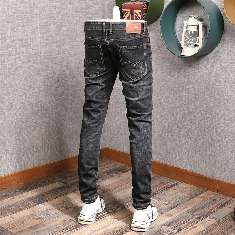 Fashion Designer Men Jeans Retro Black Gray Elastic Stretch Slim Ripped Jeans Men Distressed Hole Trousers Vintage Denim Pants