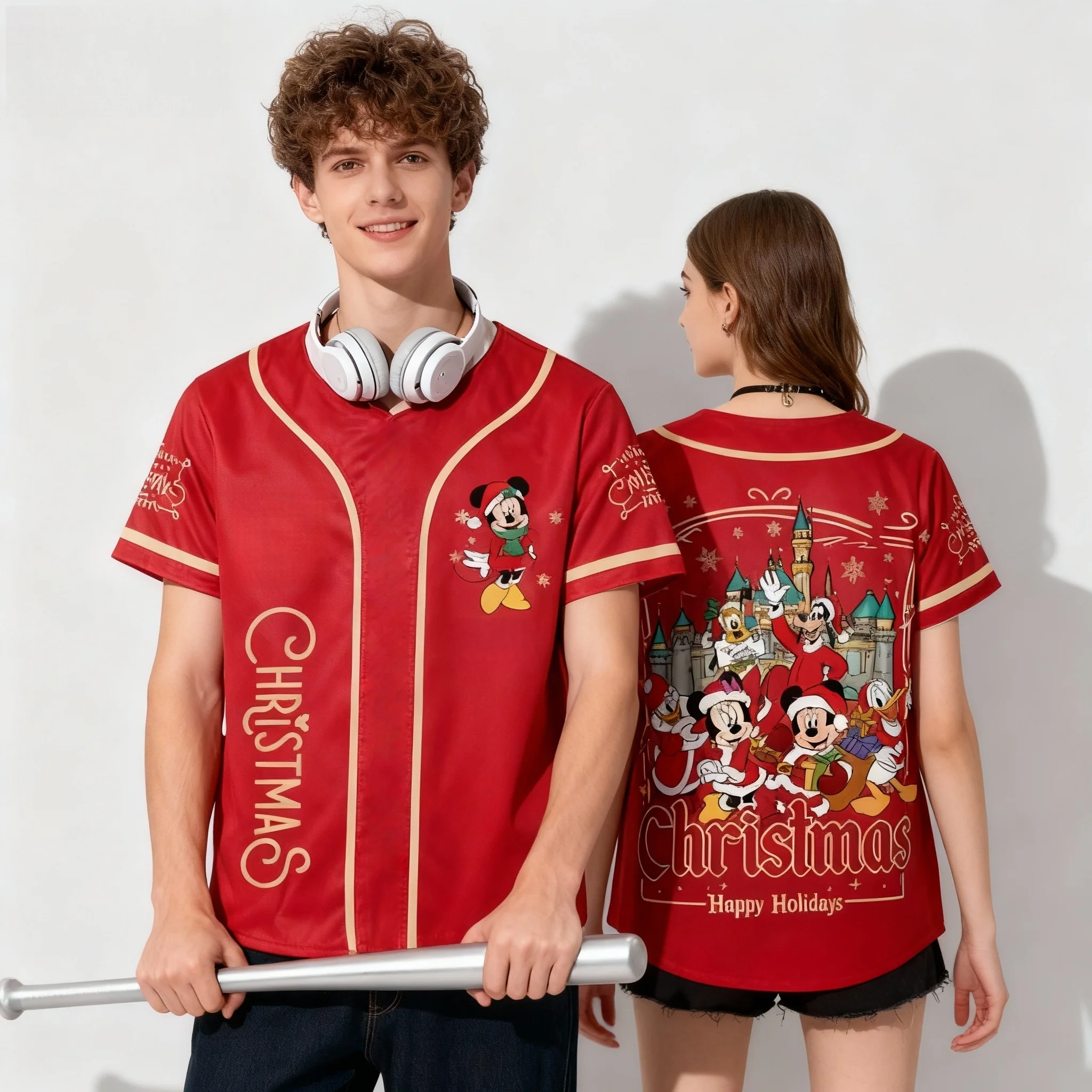 25/26 الصيف ديزني عيد الميلاد جوفي دونالد داك طبعة خاصة المتضخم البيسبول سترة الكبار الوالدين ملابس أطفال الشارع تي شيرت #4