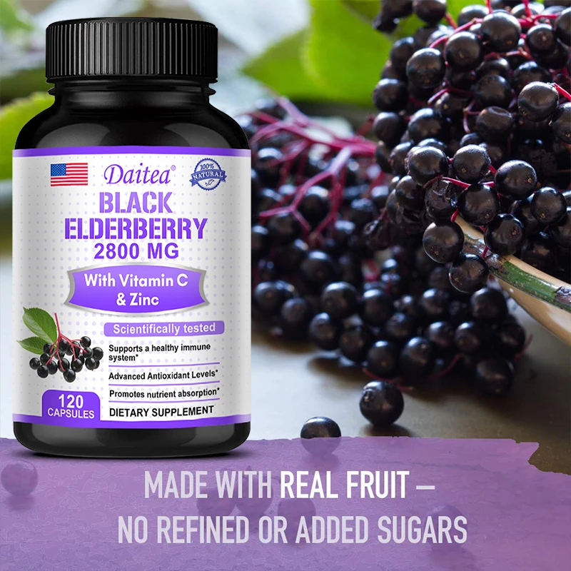 Black Elderberry Capsules 2000mg with Vitamin C, Milk Thistle, Antioxidants, Immune System Support, Energy Boost, Non-GMO