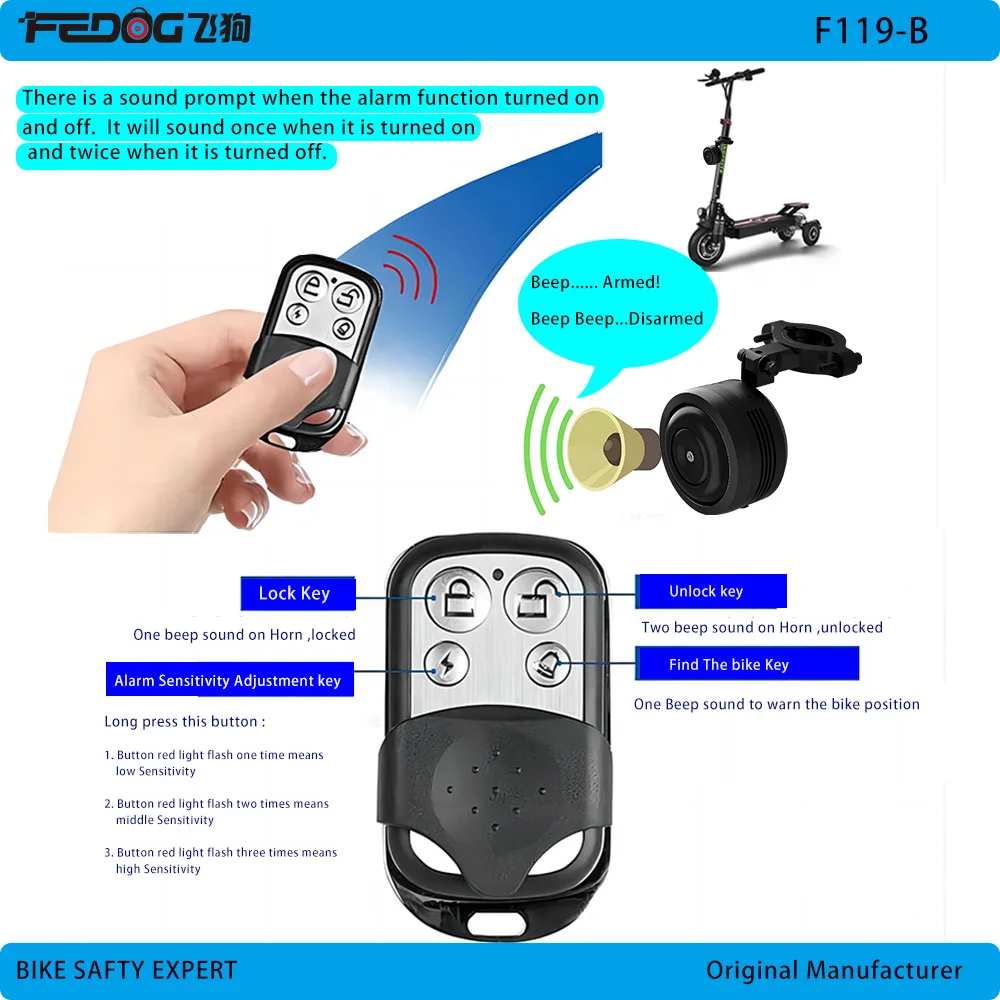 

FEDOG F119-B Aluminmum Housing Bike Horn Alarm One Button Control With Two Remote Controller 100M Remote Alarm Lock With Sound
