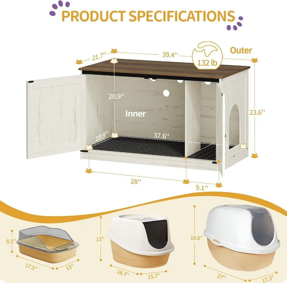 Cat Litter Box Enclosure, Hidden Litter Box Furniture with Divider Wooden Cat Cabinet with Removable Dividers,