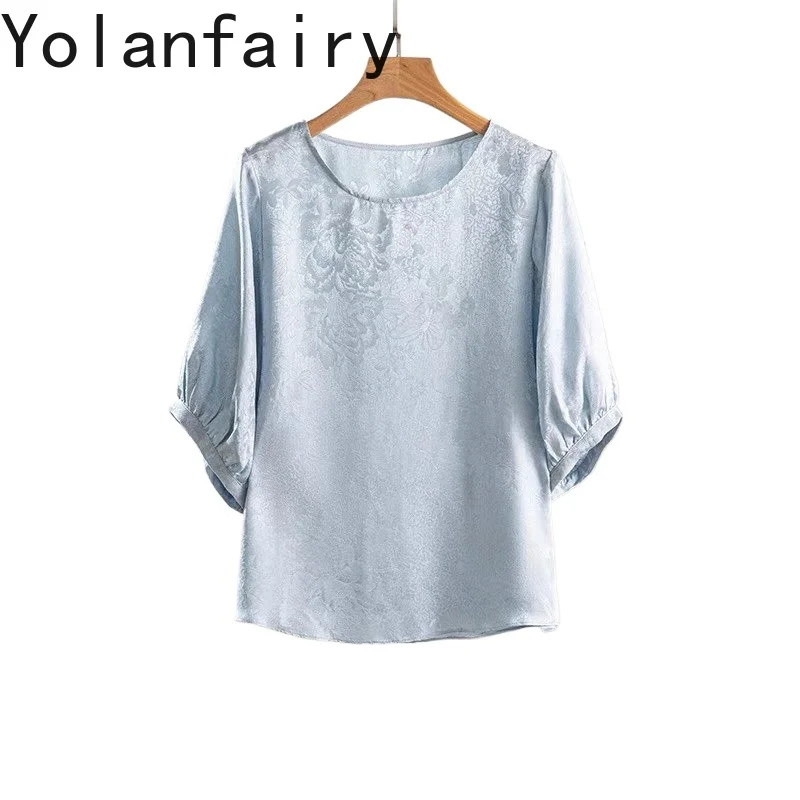 

YOLANFAIRY 100% натуральные шелковые футболки из тутового шелкопряда для женщин, летние топы 2026, модная повседневная футболка с круглым вырезом, классическая женская футболка