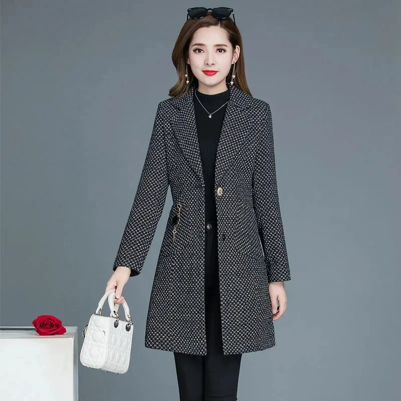 2023New Autumn Winter Woolen Coat Female Fashion Loose Mid Long Suit Collar Single Breasted Jacket Women Casual Slim Ladies Tops