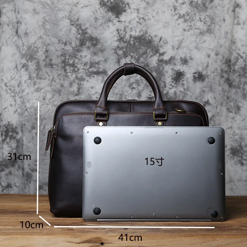 NZPJ Vintage handgefertigte Leder Herrenhandtasche Oberschicht Rindsleder Große Kapazität Business Computertasche Herren Schulter Diagonaltasche – Detail 2